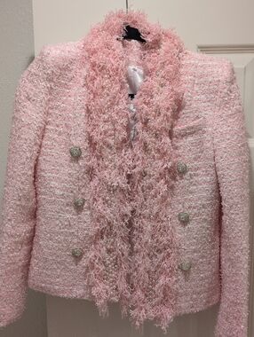 Women's Pink Textured Bouclé Jacket with Decorative Buttons Size S
